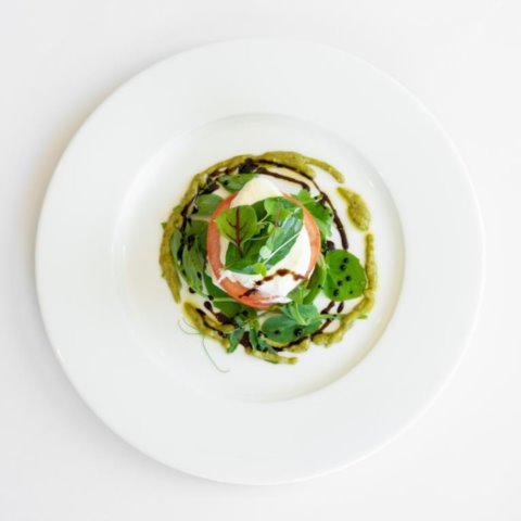 CAPRESE SALAD STACKFresh Mozzarella, Vine Ripe Tomato, Basil and Balsamic Glaze