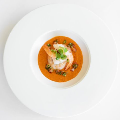 PRAWN GAZPACHOMarinated Prawn with Tomato Gazpacho Cucumber Salsa & Soft Herbs (GF, NF, DF)