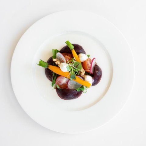 BEETROOT & CARROT SALADRoasted Baby Beetroot, Carrots, Cherry Tomatoes, Walnut, Snow Peas Tendril and Whipped Feta with Sherry Vinaigrette