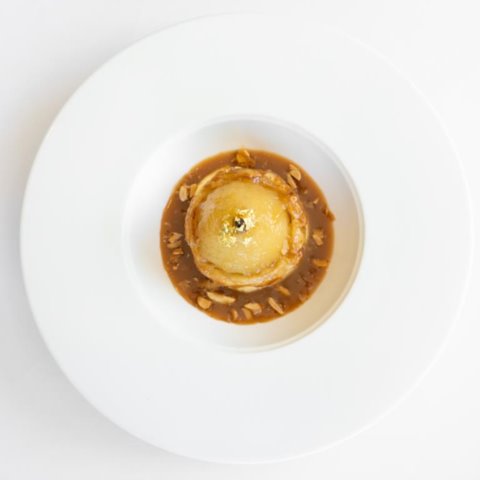 POACHED PEAR TARTFrangipane, Crème Patisserie and Warm Toffee Sauce