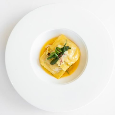PUMPKIN RAVIOLIwith Pumpkin Puree, Spinach, Brown Butter, Sage and Grana Padano (NF, Veg)