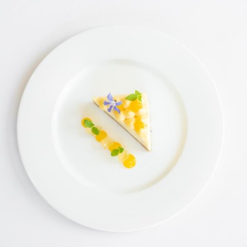 NEW YORK CHEESECAKENew York Style Cheesecake with Lemon Curd, Elderflower Jelly and Mandarin Gel (NF)