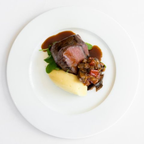 ROASTED SOUS VIDE AUSTRALIAN LAMB RUMPRatatouille, Mash Potato and Jus (GF, NF, DF)