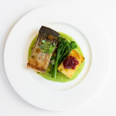 PAN FRIED SALMONwith Pea Velouté, Potato Gratin, Broccolini and Beetroot Relish (GF, NF, Pesc)