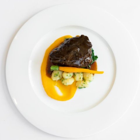 BRAISED BEEF CHEEK Pumpkin Puree, Spinach, Potato Gnocchi, Red Wine Jus (NF)