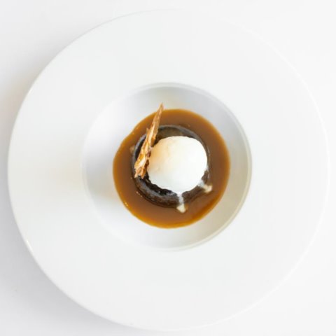 STICKY DATE PUDDING WITH BUTTERSCOTCH SAUCE with Soft Sponge Cake with Dates, Butterscotch Sauce and Vanilla Ice Cream (NF)