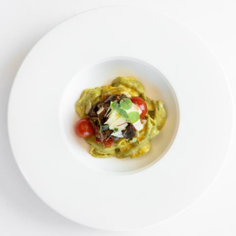 RICOTTA SPINACH TORTELLINIwith Roasted Vegetables, Creamy Pesto Sauce and Grana Padano (Veg) Main Course