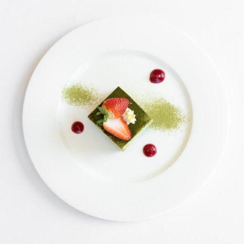 MATCHA TIRAMISUJapanese Green Tea soaked Savoiardi Biscuit with Mascarpone Cheese and Fresh Strawberry