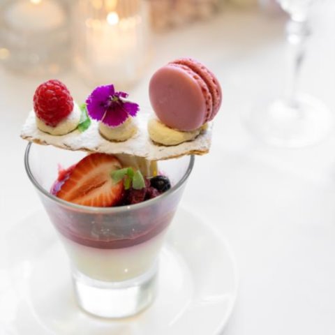 VANILLA PANNACOTTA TRIFLEVanilla Pannacotta with Strawberry Jelly, Berry Compote, Whipped White Chocolate Ganache and Macaron (NF, GF)