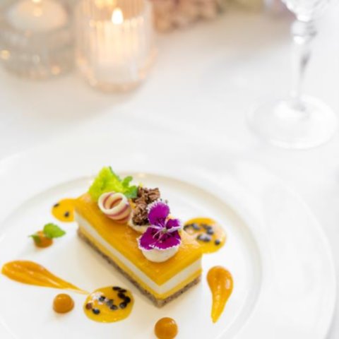 PASSION COLADALayer of Coconut Mousse, Mango Mousse, Passion Curd and Hazelnut Dacquoise (GF)