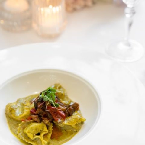 RICOTTA SPINACH TORTELLINIwith Roasted Vegetables, Creamy Pesto Sauce and Grana Padano (Veg) (entree)