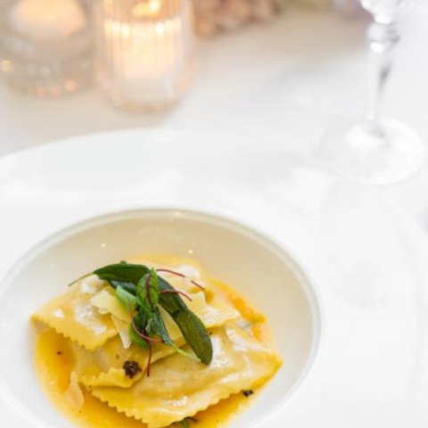 PUMPKIN RAVIOLIwith Pumpkin Puree, Spinach, Brown Butter, Sage and Grana Padano (NF, Veg)