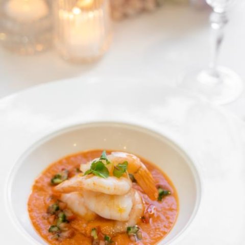PRAWN GAZPACHOMarinated Prawn with Tomato Gazpacho Cucumber Salsa & Soft Herbs (GF, NF, DF)