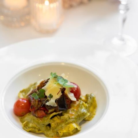 RICOTTA SPINACH TORTELLINIwith Roasted Vegetables, Creamy Pesto Sauce and Grana Padano (Veg) (Main)